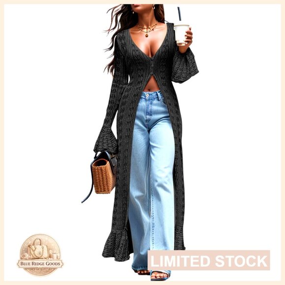 Sweaters - Crochet Maxi Duster Cardigan Lightweight Bell Sleeves Ruffle Hem Y2K
